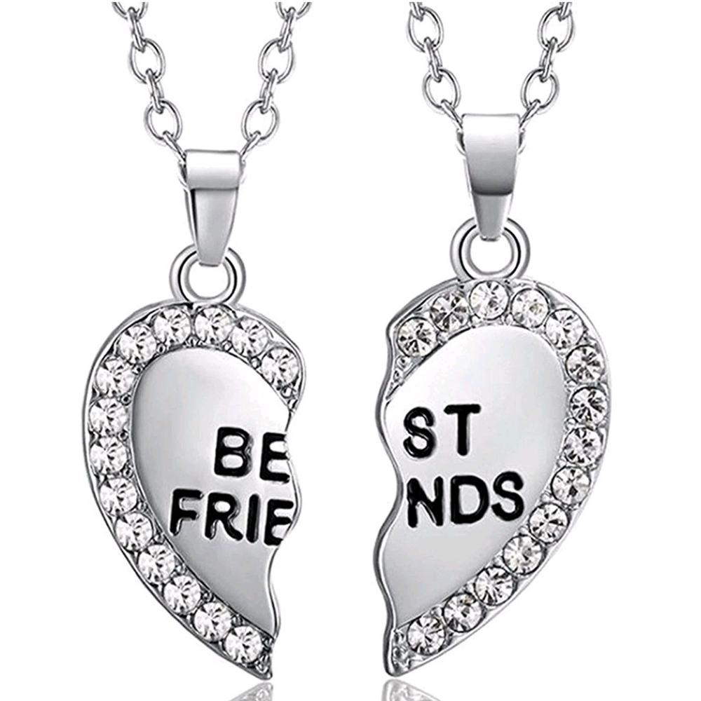 Silver Best Friends Heart Rhinestone Pendant Friendship Necklace Set Bundle Pair